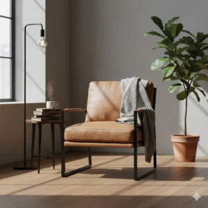 Industrial style tan leather accent chair for living room industrial loft aesthetics.