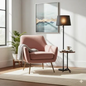 A cozy pink velvet accent chair placed in a bedroom corner next to a floor lamp.