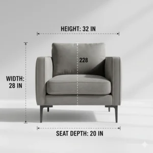 Diagram showing the height, width, and seat depth of a standard velvet accent chair.