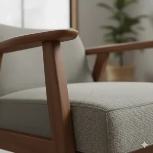 Close-up view of the solid walnut wood frame and grain detail on a mid century accent chair armrest.