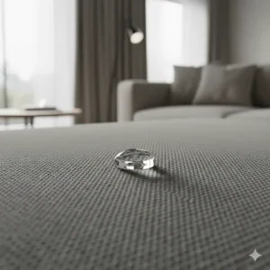 Close-up of water droplets beading on the surface of a spill-resistant performance fabric sofa.