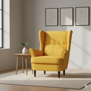 Bright yellow wingback accent chair under $200 as a focal point in a neutral room.