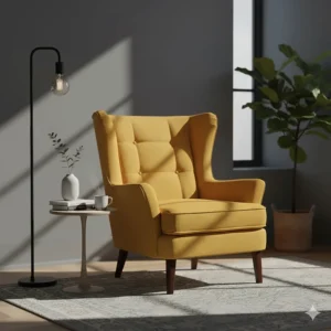 Vibrant yellow wingback accent chair for living room focal point against a gray wall.