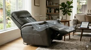 Diagram showing the ergonomic zero-gravity reclining position of a power recliner chair for back pain relief.