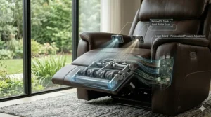 Graphic showing AI body scanning technology and refined S-track rollers for personalized massage pressure.