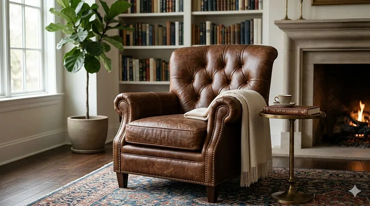 A luxurious top-grain leather armchair in a modern living room setting, showcasing rich brown upholstery and ergonomic design. best leather armchair