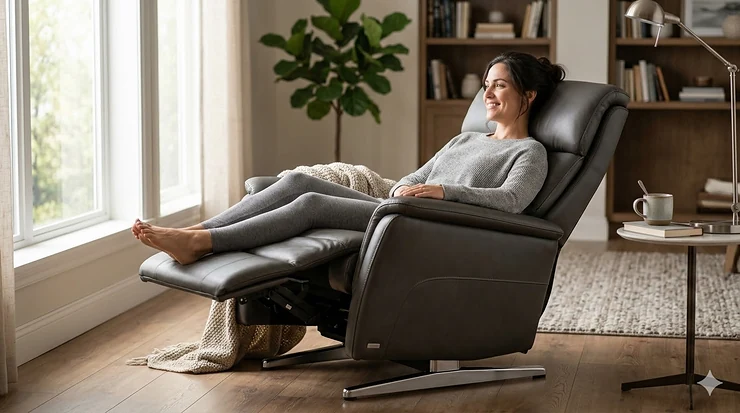 A person sitting comfortably in a high-quality ergonomic recliner that provides lumbar support for lower back pain relief. best recliner for back pain