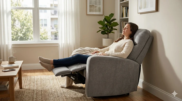 A modern grey wall hugger recliner fully extended in a small living room, showing how it saves space against the wall.
