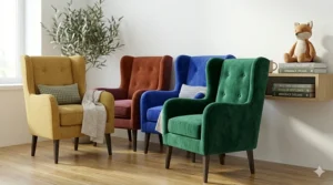 An array of colorful wingback chairs in emerald green, mustard yellow, and royal blue.