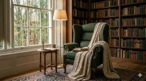 Comfortable oversized wingback chair placed in a cozy library nook with a knit throw blanket.