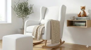 A white wingback rocker chair designed for a nursery, featuring ergonomic back support.