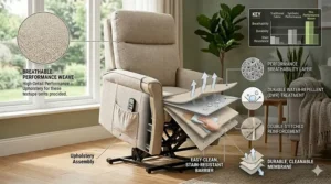 Cross-section illustration of breathable, easy-to-clean performance upholstery used for lift chair recliners.