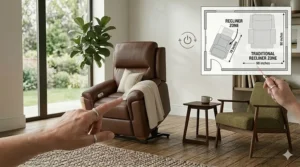 Close-up of a premium top-grain brown leather oversized recliner with classic tufted detailing.