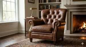 A photorealistic 4K illustration of a classic, deep-tufted Chesterfield leather armchair with rolled arms and brass nailhead trim, featuring rich vintage brown leather.
