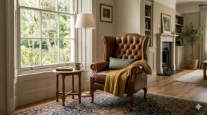 Vintage cognac leather wingback chair featuring traditional button tufting and nailhead trim.