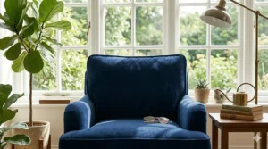 A small, comfortable reading armchair tucked into a bedroom window nook with a side table.