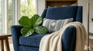 Side profile of an ergonomic armchair and matching ottoman designed for back support and relaxation.