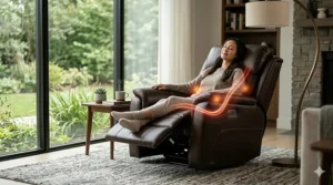 Detailed visual of the foot and calf massage rollers and kneading mechanism within a massage recliner footrest.