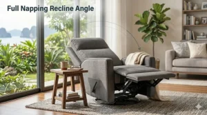 A swivel rocker recliner in a fully extended napping position with the footrest up.