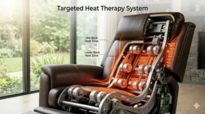 Illustration highlighting the lumbar heat therapy zones and glowing heat pads in a premium massage recliner.
