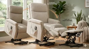 Diagram showing the various angles of an infinite position lift chair recliner, including flat-lay and Trendelenburg positions.