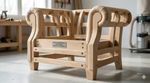 A detailed, photorealistic exploded-view illustration of the raw, kiln-dried hardwood frame of a leather armchair, showcasing robust mortise-and-tenon joints.