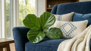 Top-grain brown leather armchair and ottoman set styled in a professional home office.