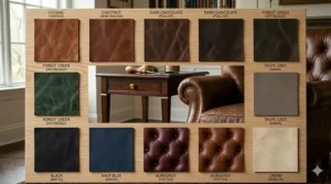 A photorealistic 4K illustration featuring nine distinct top-grain leather swatches arranged in a grid, displaying a range of colors from Cognac and Chestnut to Forest Green.
