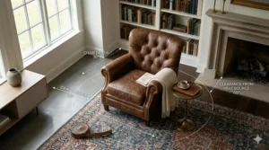 A photorealistic 4K detailed architectural illustration of a reading nook corner, integrating a rich vintage brown leather armchair with dimension overlays showing ideal placement.