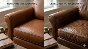 A photorealistic 4K comparison illustration presented as a diptych, showing the rich, developed patina of aged top-grain aniline leather over 15 years compared to a new chair.