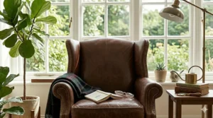 Classic brown leather wingback chair used as a comfortable reading armchair in a home library.