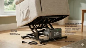 Illustration highlighting the emergency battery backup system located at the base of a power lift recliner.