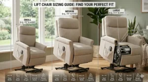 A sizing guide illustration comparing small, medium, and large lift chair recliner dimensions for different body types.