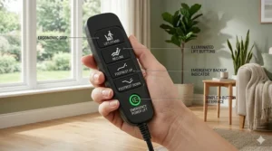 A close-up graphic of a 4-button lift chair recliner remote control with easy-to-read icons for lifting and reclining.