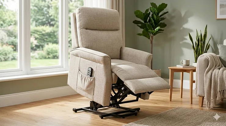 A modern fabric power lift chair recliner in a cozy living room setting, shown in a partially lifted position.