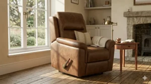 A side view of an oversized recliner featuring a traditional manual pull lever for reclining.
