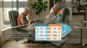 Illustration comparing manual lever-operated recliners and power-adjustable recliners for ease of use.