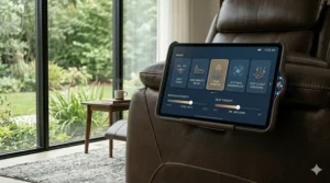 Close-up illustration of a touchscreen remote control for a massage recliner showing various massage modes and settings.
