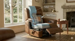 Illustration highlighting the thick memory foam layers and lumbar support inside an oversized recliner.