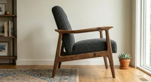 Side profile photograph highlighting the ergonomic silhouette and sculpted wooden frame of the grey mid-century modern armchair.
