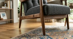 Close-up photograph highlighting the solid walnut tapered legs and sculpted wooden frame of the charcoal mid-century modern armchair.