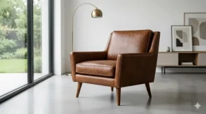 A photorealistic illustration of a sleek, mid-century modern leather armchair with tapered wooden legs, showcasing rich, top-grain leather upholstery.
