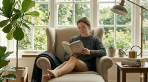 Minimalist beige comfortable reading armchair in a bright, airy room with Scandinavian decor.