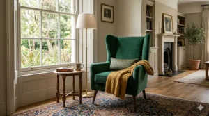 Sleek mid-century modern wingback chair with tapered wooden legs in a minimalist studio.