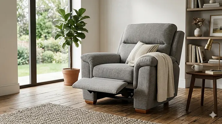 A plush, modern gray oversized recliner chair styled in a contemporary living room with a cozy throw blanket.