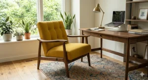 Photorealistic image of a mustard yellow mid-century modern armchair providing a pop of color in a home office nook with natural light.