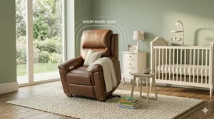 A comfortable oversized recliner rocker chair placed in a nursery setting for nursing or relaxing.