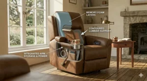 An oversized recliner featuring built-in cup holders and hidden armrest storage for remote controls.