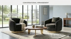 Two charcoal grey swivel barrel chairs arranged in a conversational seating area.