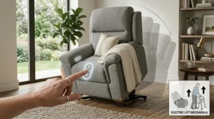 An oversized recliner with power lift assistance shown in a partially tilted position for mobility support.